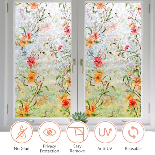 Image of LEMON CLOUD Window Privacy Film with Static Cling & 3D Rainbow Effect, Floral Stained Glass Pattern for Home Decor, Heat and UV Blocking, Non-Adhesive, 23.6 x 78.7 Inch