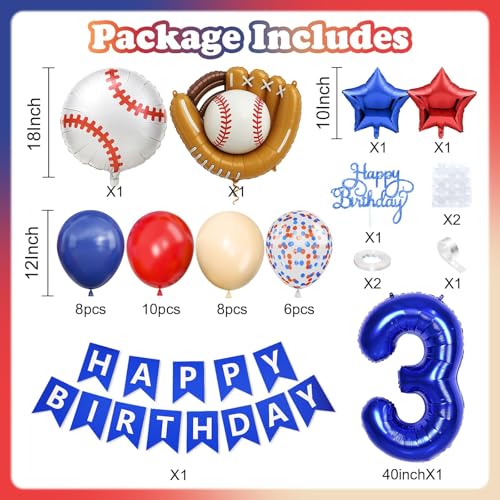 Image of 3rd Birthday Decorations for Boys Baseball,Navy Blue Red Nude Balloons | Party Decorations Birthday Banner Number 3 Baseball Glove Foil Balloons Cake Topper Sport Party Baby Shower