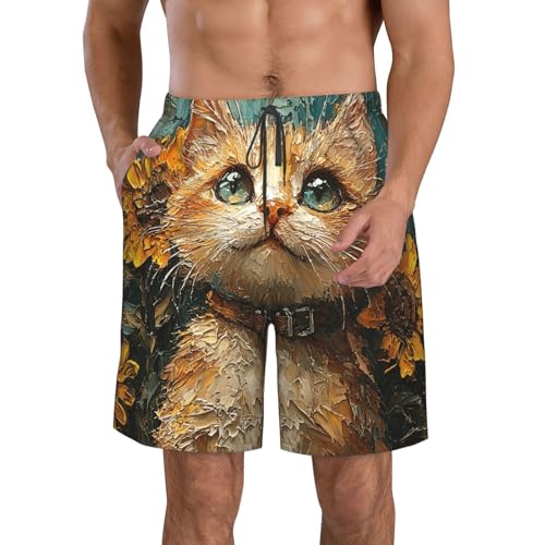 Men Swim Trunks Beach Shorts Swimwear Summer Bathing Suits - Sunflower Cat Art