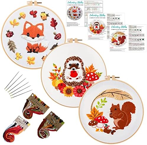 Louise Maelys 3 Set Animal Embroidery Kits for Beginners with Autumn Squirrel Hedgehog Fox Pattern,Adults Starter Cross Stitch Kit DIY Needlepoint