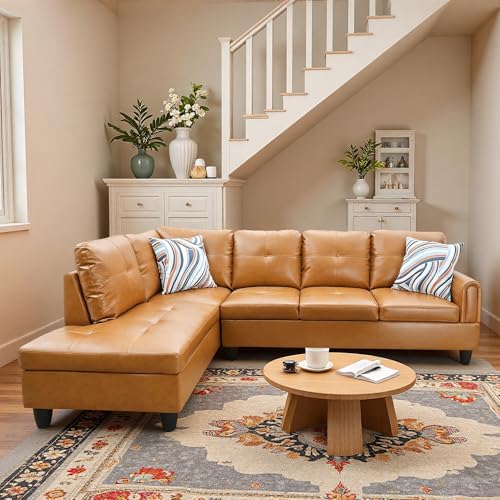 Image of L-Shaped Sectional Sofa, Modern 4-Seat Couch with Left Facing Chaise, Leather Sectional Couch for Living Room, Apartment, Office, Ginger