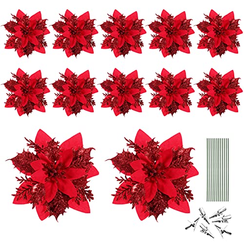 Toyvian Weihnachten Glitter Künstliche Weihnachtsstern Blumen- Muster 12Pcs Weihnachten Baum Blumen- Muster Ornamente Xmas Party Dekoration mit 12Pcs Vorbauten Und...
