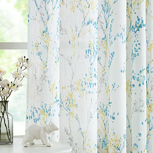 Image of Branch Semi Sheers Curtains Living-Room 84inch Long Yellow Teal Watercolor Print Tree Curtain Drapes for Bedroom Linen Textured Look Privacy White Sheer Window Panels for Dining Grommet Top 2pcs