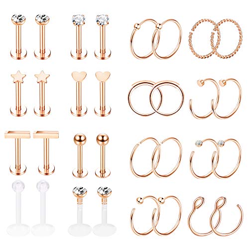 Jstyle 32Pcs Stainless Steel Nose Rings Hoop Labret Monroe Lip Ring Tragus Cartilage Helix Ear Piercing Jewelry 16G/20G Rose-gold