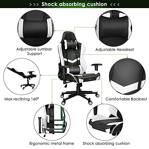 Gamestoel race gamingstoel ergonomische bureaustoel met verstelbare armleuningen nekkussen Instelbare zithoogte,stalen frame, 160° hellingshoek instelbaar belasting 200 kg, zwart en wit - Image 7