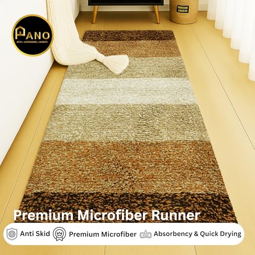 Image of Pano Textured Striped Runner Rug 45x130 cm Brown | Anti-Skid, Super Soft & Ultra Absorbent Floor Runner | Quick Dry & Washable Runner for Bathroom, Kitchen, Bedroom & Living Room
