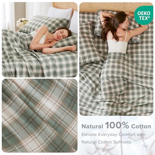 Comfort Spaces 100% Cotton Sheets Cal King, Breathable, Naturally Cool Cotton Sheets, Cotton Bed Sheets with 14" Elastic Pocket Fits up to 16" Mattress, All Seasons Sheet Set, Wesley Green 4 Piece