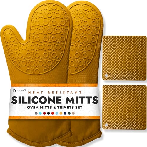 Image of BPA-Free Soft Silicone 4 Piece Oven Mitts & Trivets Set - Ultra Heat Resistant Oven Mitts with Thick Cotton Liner - Long Slip Resistant Pot Holders, Flexible Oven Gloves - Yellow