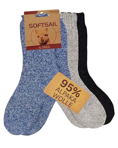 HENKi 3 Paar Alpaka Socken 95% Wolle PREMIUM Herren Damen Kinder Warm Kuschelig mit Alpakawolle Thermo Flauschig Stricksocken für Mann Frau (DE/NL/SE/PL Numerisch 43 46 BLAU/BEIGE/NAVY)