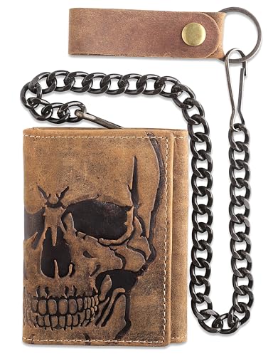 Image of F&L CLASSIC RFID Blocking Men's Tri-fold Vintage Biker Cowhide Leather Steel Chain Wallet,Snap closure, brown,skull,315-70