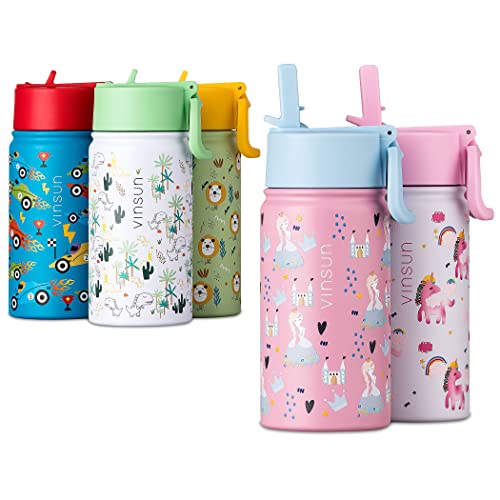VINSUN Botella Agua Niños con Pajita 350m Rosa - acero inoxidable, sin fugas, sin BPA -...