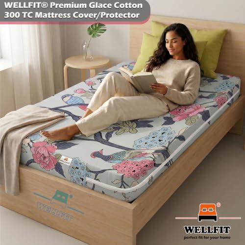 Image of WELLFIT Premium Glace Cotton 300 TC Mattress Cover /Protector for Queen Size Bed with Zip /Chain /5x6.5 ft / 60x78x6 inch