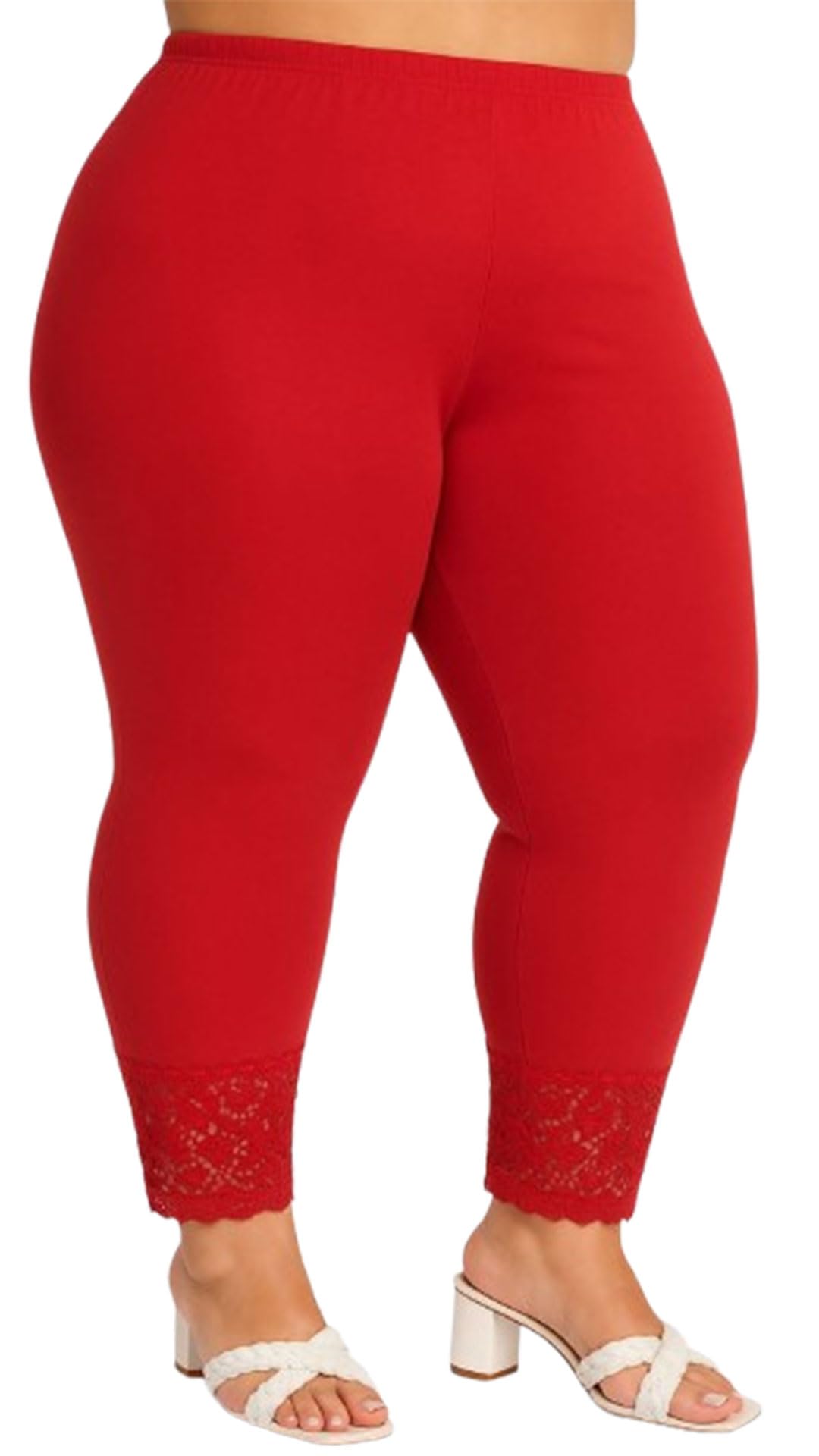 Pink Shell Cotton Leggings with Lace Trim, Plus Size, Ankle Length for Womens/Girls