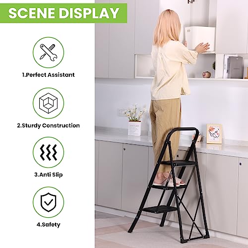 3 Step Ladder, Spieek Folding Step Stool With Wide Anti-Slip Pedal, 330Lbs Capacity Portable Lightweight Ladders For Home Kitchen Outdoor, Black #TOP4