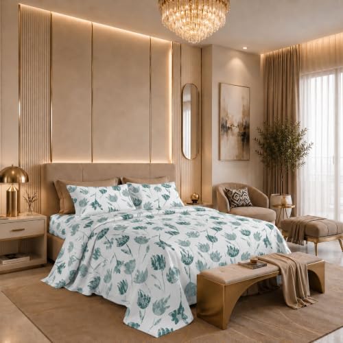 Image of Jaipur Weaves Cotton Linen Feel King Size Bedsheet 108x108 Super King, 100% Pure Cotton Bed Sheet with 2 Pillow Covers, 300 TC Soft Breathable Floral Design Bedding -(Tulips Green,Super King)