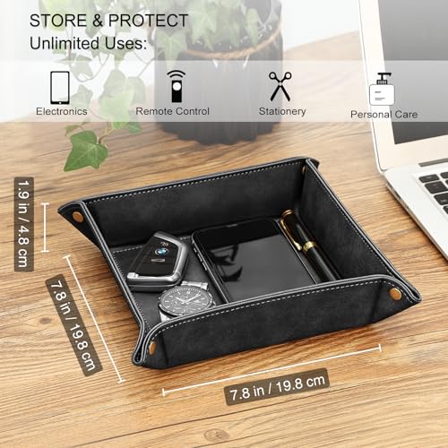 SITHON Valet Tray Desktop Storage Organizer – Premium PU Leather Catchall Tray Bedside Vanity Tray Nightstand Caddy Holder for Remote Controller, Keys, Phone, Wallet, Coin, Jewelry, Black - Thumbnail 3