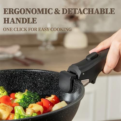 Image of 23Pcs Ceramic Cookware Set Non Stick Pots and Pans Set Non Toxic with Detachable Handle Induction Kitchen Cookware Set Space Saving, Oven & Dishwasher Safe, Black