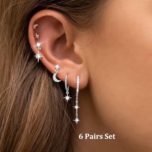6 Pcs/6 Pairs Hypoallergenic 925 Sterling Silver Stud Post 14K Gold Earrings for Women Moon Star Hoop Stackable Cubic Zirconia Chain Dangle Earring Set Stacks for Multiple Piercings2