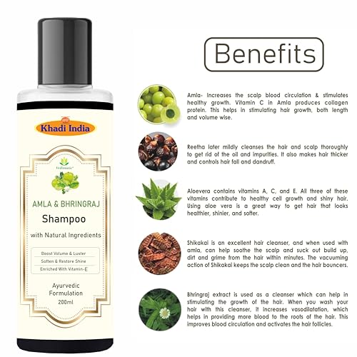 Image of Khadi 100% Pure & Natural Herbal Amla & Bhringraj Shampoo /Cleanser for Controlling Dandruff & Hair fall | Shampoo for Reducing Scalp Irritation