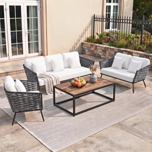 Image of DEVOKO 6-Seater Outdoor Rope Conversation Set with Wooden Top Table Water-Resistant Cushions, Strong Metal Frame High Weight Capacity Furniture for Garden, Terrace, Backyard(Blackish Grey & Off-white)