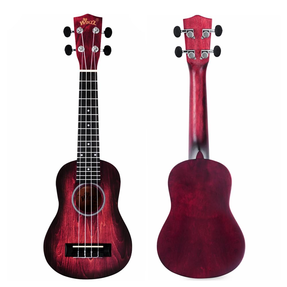 Winzz Ukulele Soprano 21 Pollici - Kit per Bambini, Adulti e Principianti - Rosso Unico Con 8 Accessori: Accordatore, Custodia, Tracolla, Corde