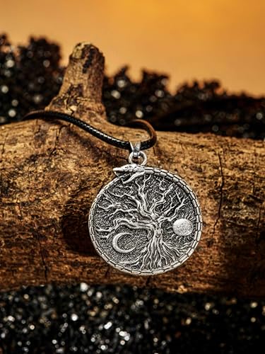 HAQUIL Viking Necklace, Sun Crescent Moon Yggdrasil Ouroboros Jormungandr Midgard Serpent Pendant, Faux Leather Cord, Viking Jewelry Gift2