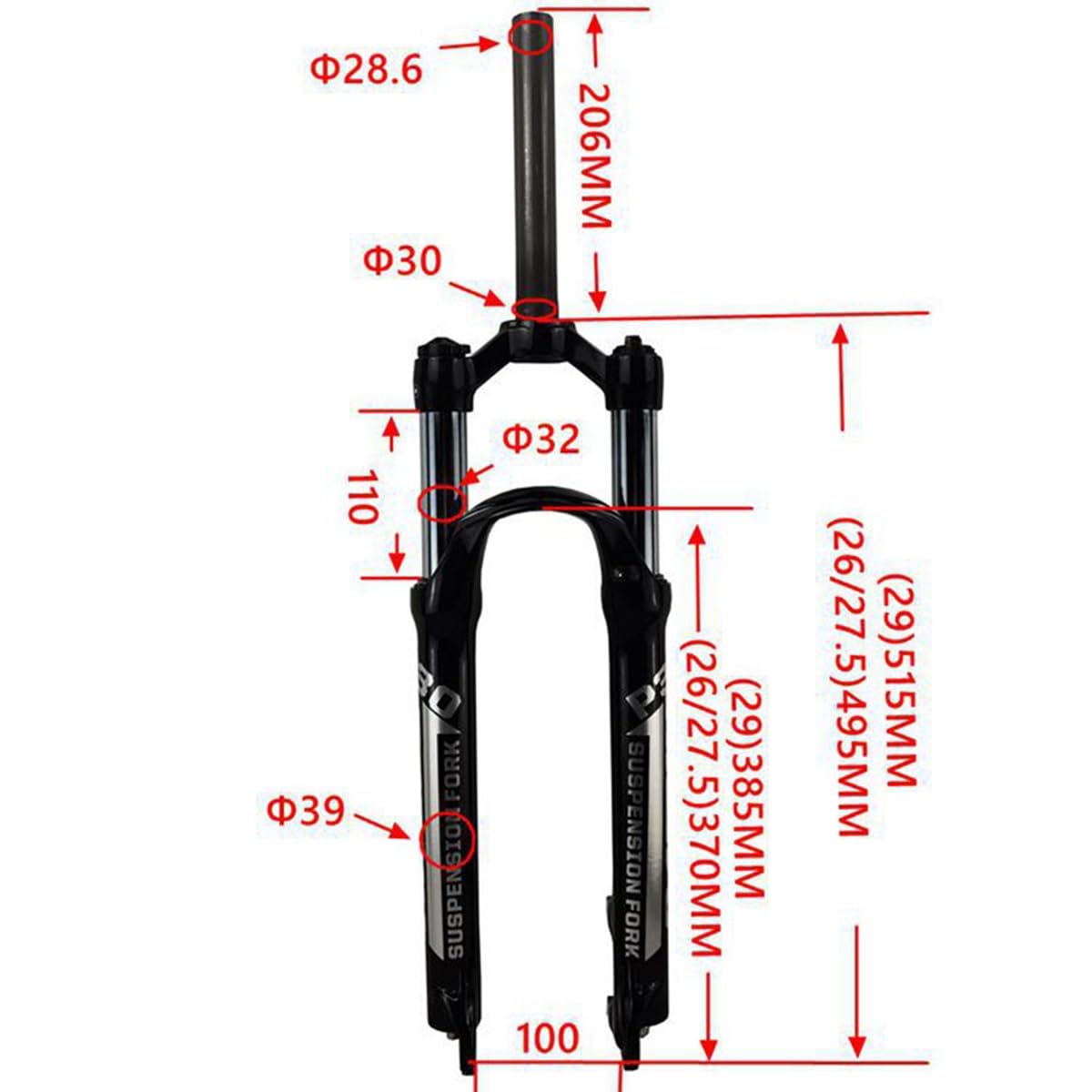 Forcella Anteriore per Bici elettrica 26 27.5 29 Pollici Mountain Bike Forcella Ammortizzata Interasse 100 mm 9 mm QR Tubo Dritto 1-1/8 Escursione 90 mm Freno a Disco DH AM XC