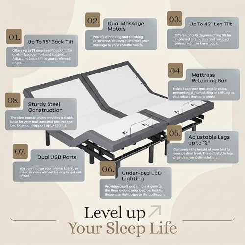 Image of Sven & Son Classic Adjustable Bed Base, Head and Foot Lift, Massage, Under-Bed Lights, USB, Memory, Zero Gravity Smart Frame - King