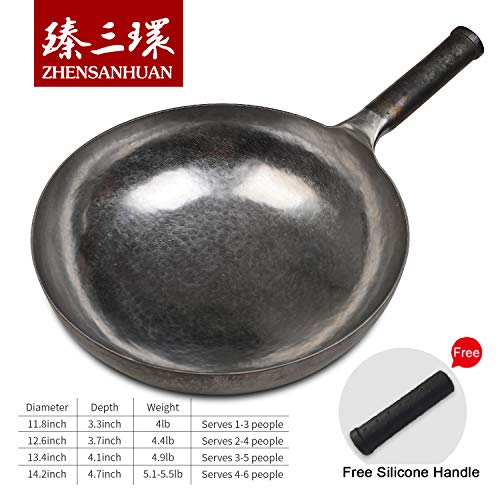 -ZhenSanHuan-Chinese-Hand-Hammered-Iron-Woks-and-Stir-Fry-Pans-Non-stick-No-Coating-Carbon-Steel-Pow-32CM-Silver-Not-Seasoned