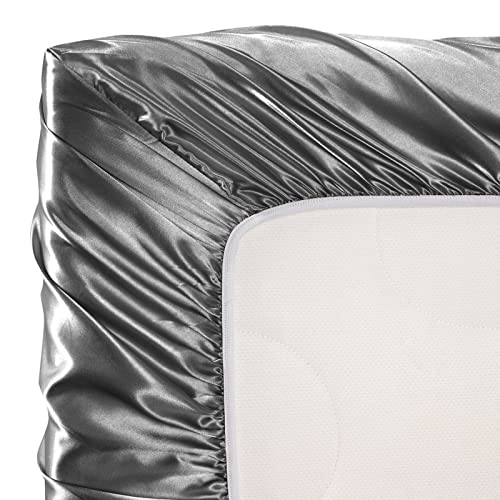 Image of SiinvdaBZX 2 Pcs Satin Mini Crib Sheets 38 x 24In, Grey & Navy | Silk-Like Soft Mini Portable Crib Sheets Mattress Cover Portable Playard Sheets with 5In Deep Pocket, Great for Baby Hair