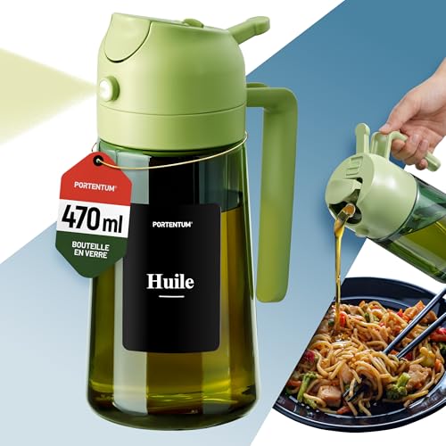 PORTENTUM Spray huile cuisine 470 ml 2 en 1 avec fonction spray et versement – Vaporisateur et pulverisateur en verre vert protection contre lumière –...