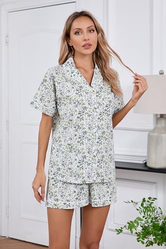 Image of LUBOT 100% Cotton Pajamas for Women 2 Piece PJ Set Poplin Woven Lightweight Ladies Button Short Sleeve Sleepwear S-XXL