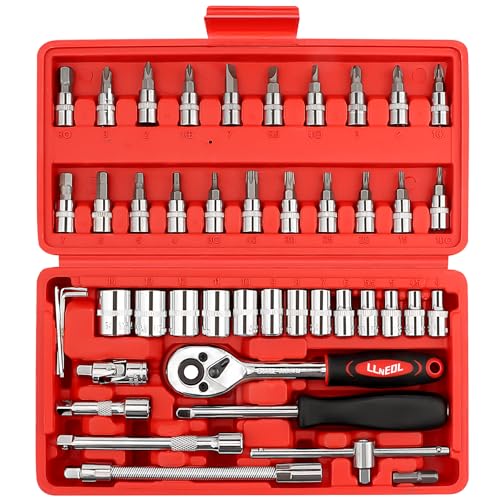 LLNEDL 46 Pieces 1/4 Drive Socket Set&Tool Sets Ratchet Wrench Set with Bit Socket Set Metric and Extension Bar for DIY Car Repair and Household with Storage CaseRed
