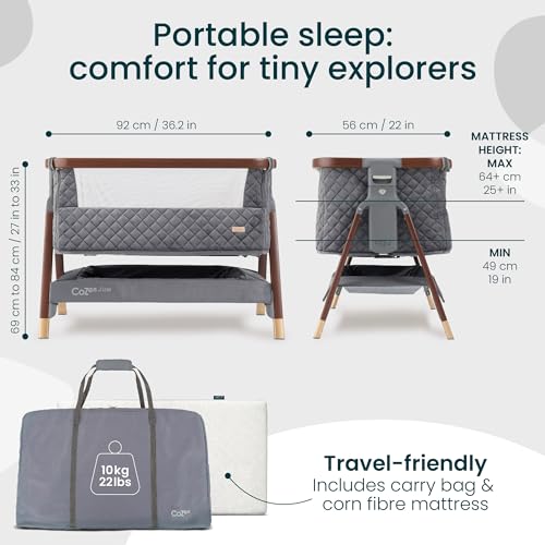 Image of Tutti Bambini CoZee Luxe Bedside Bassinet, Walnut /Slate | Portable Crib, Adjustable Crib for Newborns, Travel Case Included, 0-6 Months