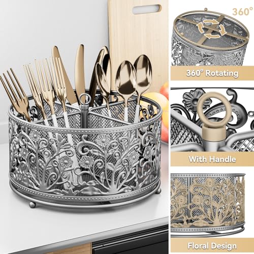Yiukea SILVERWARE CADDY 360° Rotating Utensil Caddy - Silverware Cutlery Caddy Holder With 4 Compartment, Metal Flatware Organizer Countertop thumb #4
