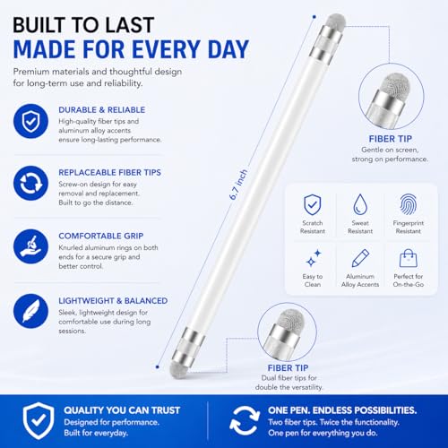 Image of Mizi 2-in-1 Stylus Pen for Touch Screens (Fibre + Fibre), High Precision Dual Fibre Tips, Universal Stylus for iPhone, iPad, Android Tablets, Samsung, Microsoft Surface - White