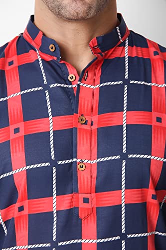 SKAVIJ Men's Printed Checkered Cotton Tunic Casual Kurta Shirt Great (Navy Red, X-Large)2