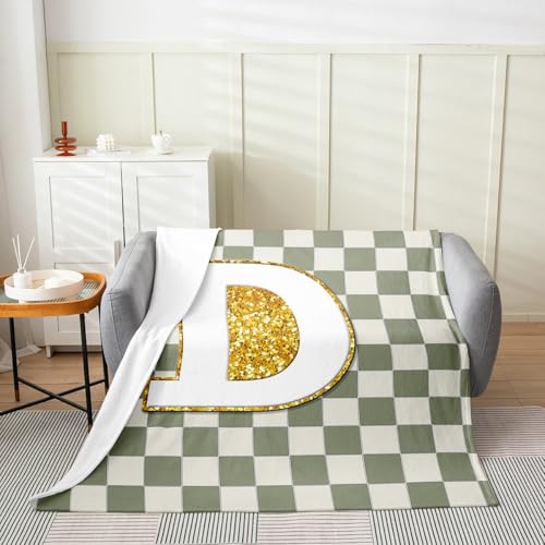 Image of Erosebridal Sage Green Checkered Fleece Blanket Throw 50 inchx60 inch Plaid Initial D Flannel Blanket Personalized Monogram Fuzzy Plush Throw for Kids Boys Girls,Fashion Grids Gingham Decor for Bed Couch