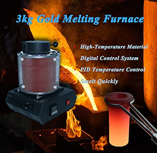 2100W Electric Gold Melting Furnace with 3KG Graphite Crucible for Melt Scrap, 2100F Digital Metal Smelting Machine with Mesh Guard, Silver, Gold, Copper, Aluminum 110V Refining Casting Furnace
