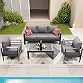 Amopatio Aluminum Patio Furniture Set, 6 Pieces Modern Patio Conversation Sets, Outdoor Sectional Metal Sofa with Coffee Table for Balcony, Garden, Dark Grey (Included Waterproof Covers)