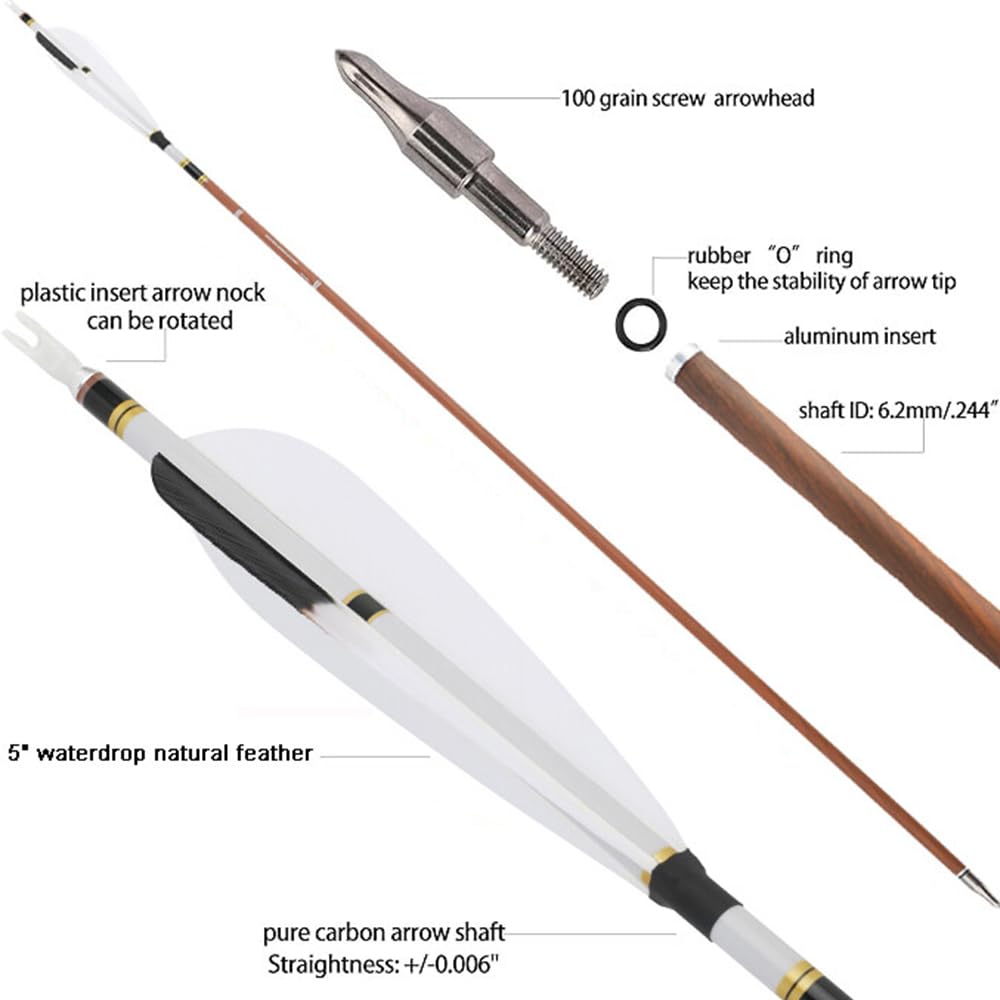 Flèches Archery 31 Pouces en Carbone Pur, 12 pièces, Spine 340, 400, 500, 600, diamètre de la Tige 6,2 mm, Pointe de flèche 100 Grains, Plumes Naturelles