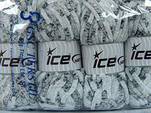 Lot Of 4 X 100Gr Skeins Ice Yarns Chenille Tweed (100% Microfiber) Yarn Black Grey Light Grey White #TOP3