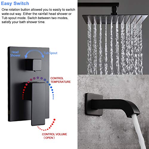 POP 10 Inch Black Shower Faucet Set with Tub Spout Bathroom Luxury Rain Mixer Shower System Wall Mounted Rainfall Shower Combo Set, Single Function Tub and Shower Trim Kit with Rough-in Valve - Thumbnail 5