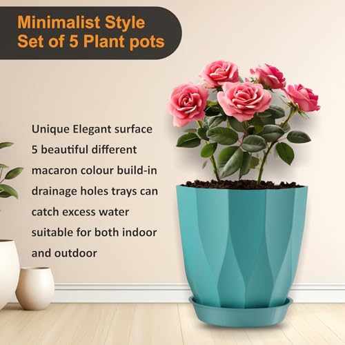 Image of JD FRESH 5 Pack Plastic ARO Flower Pots with Drainage & Bottom Tray /Lightweight, UV & Weather Resistant /6 Inch Planters for Indoor /Outdoor /Home /Balcony /Terrace /Garden Plant Pots (Multicolour)