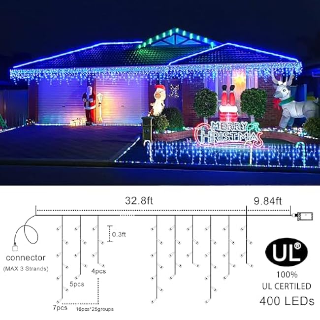 Icicle Christmas Lights Outdoor, 33 FT 400 LED Icicle Lights for Outside 8 Modes with 75 Drops, Plug in Waterproof Hanging Christmas Light for Holiday Pavilion Balcony Decorations, Blue
