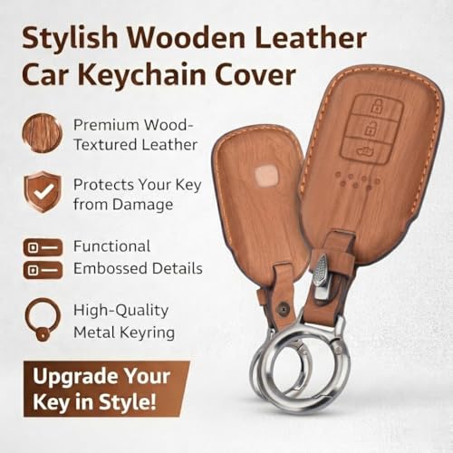 Image of Wooden PU Leather Key Cover Compatible with Honda BRV, WRV, CRV, Jazz, City 2 ButtonSmart Key Stylish & Durable Protection