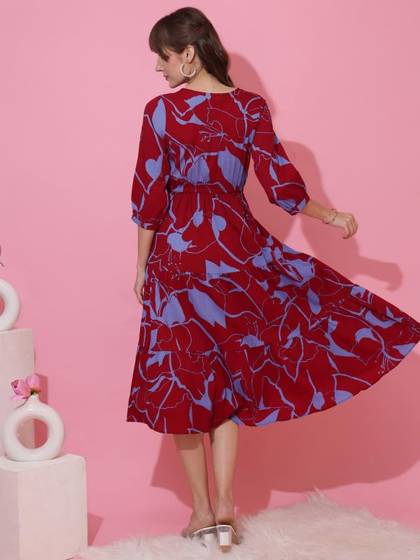 Image of Sheetal Associates Women's Casual 3 /4 Sleeve Crepe Fit and Flare Dress| Comfortable Relaxed Fit Summer Party Dress