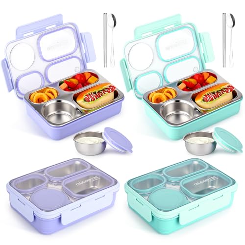 LemonRoad 2 cajas bento de acero inoxidable a granel resistentes a fugas para adultos con bandeja de aperitivos de 4 compartimentos, cuenco de sopa con tapa, cuchara, palillos, apto para lavavajillas