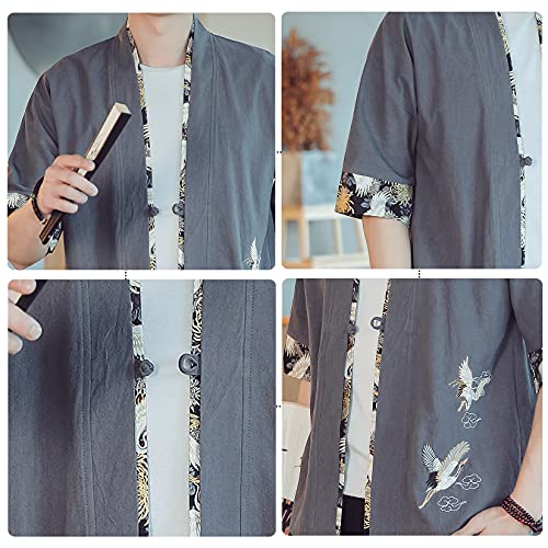 Image of PRIJOUHE Men's Kimono Jackets Cardigan Lightweight Casual Cotton Blends Linen Seven Sleeves Open Front Coat Outwear