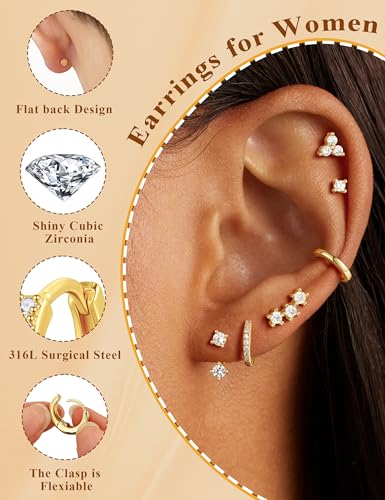 M MOOHAM Flat Back Stud Earring Stack for Women, 14K Gold-Plated Hypoallergenic Stud Earrings Set for Sensitive Ears Cartilage Helix Tragus Huggie Hoop Earrings Trendy Multiple Piercing Jewelry Gifts — view 5